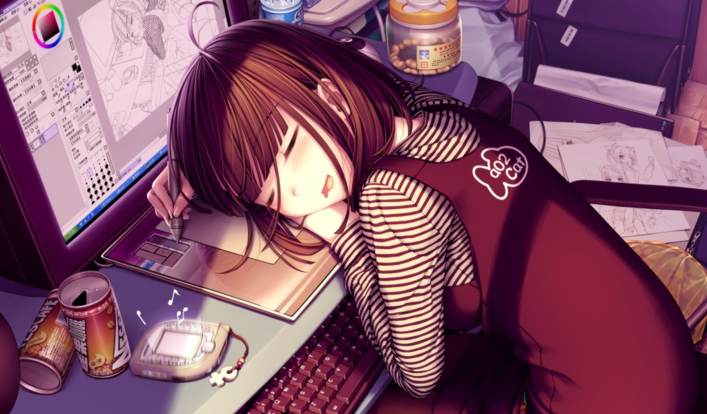 Girl Fallen Asleep During Digital Drawing wallpaper 1024x600