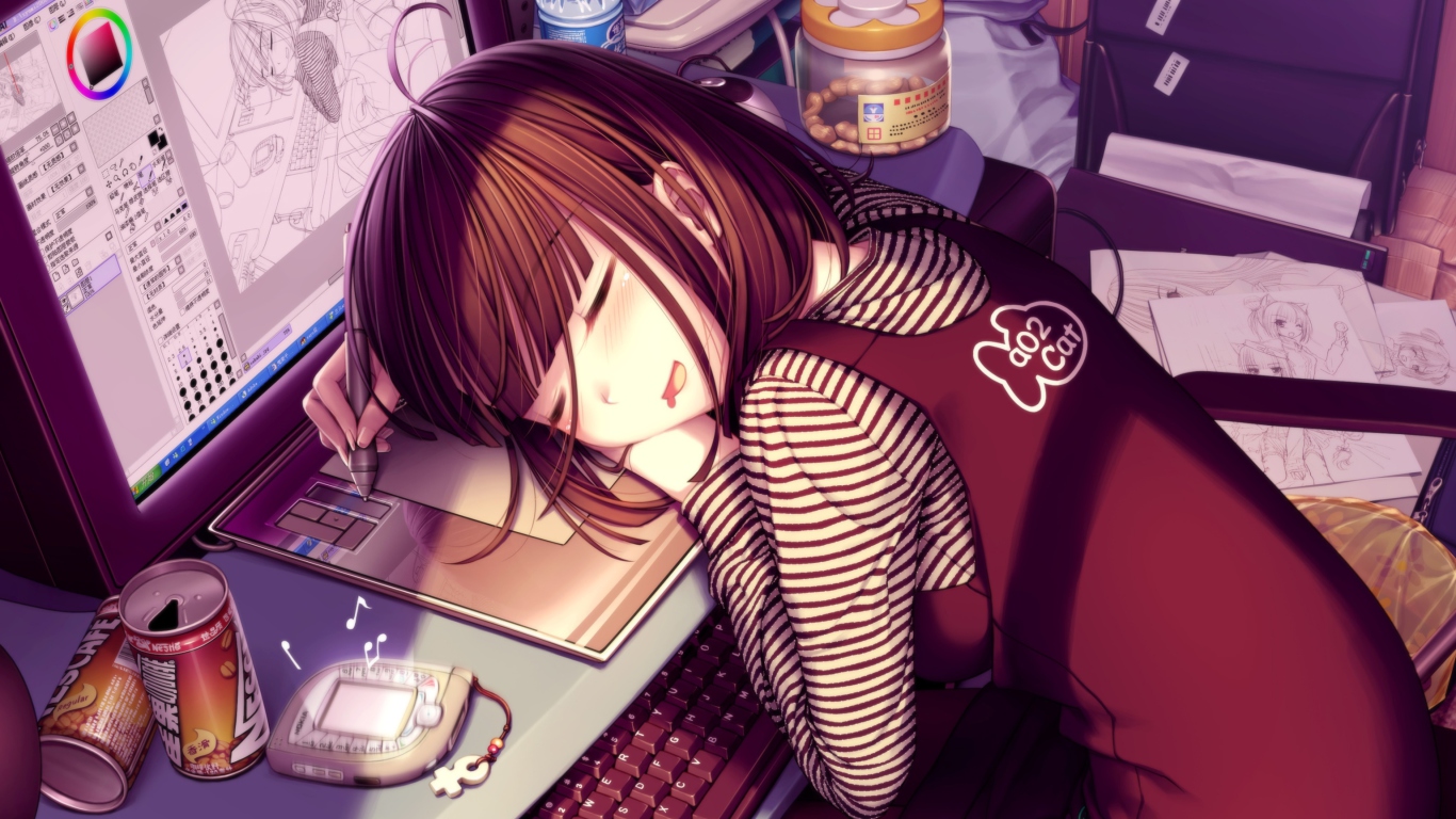 Обои Girl Fallen Asleep During Digital Drawing 1366x768