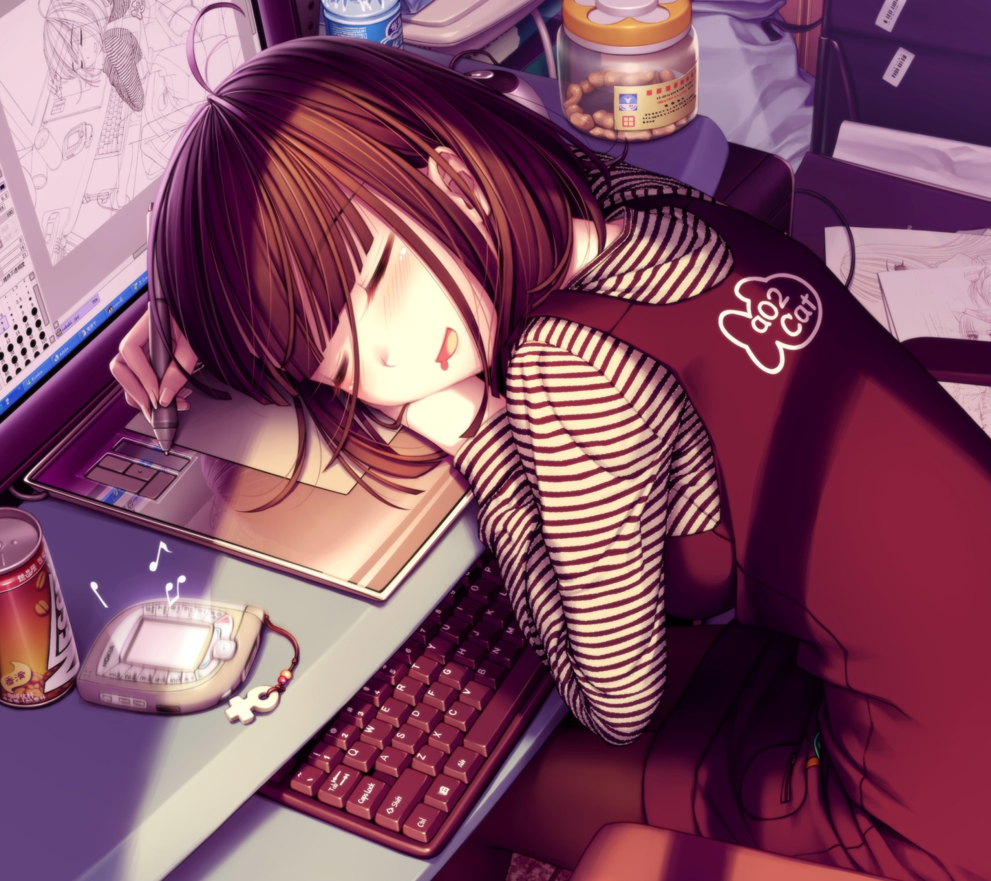 Обои Girl Fallen Asleep During Digital Drawing 1440x1280