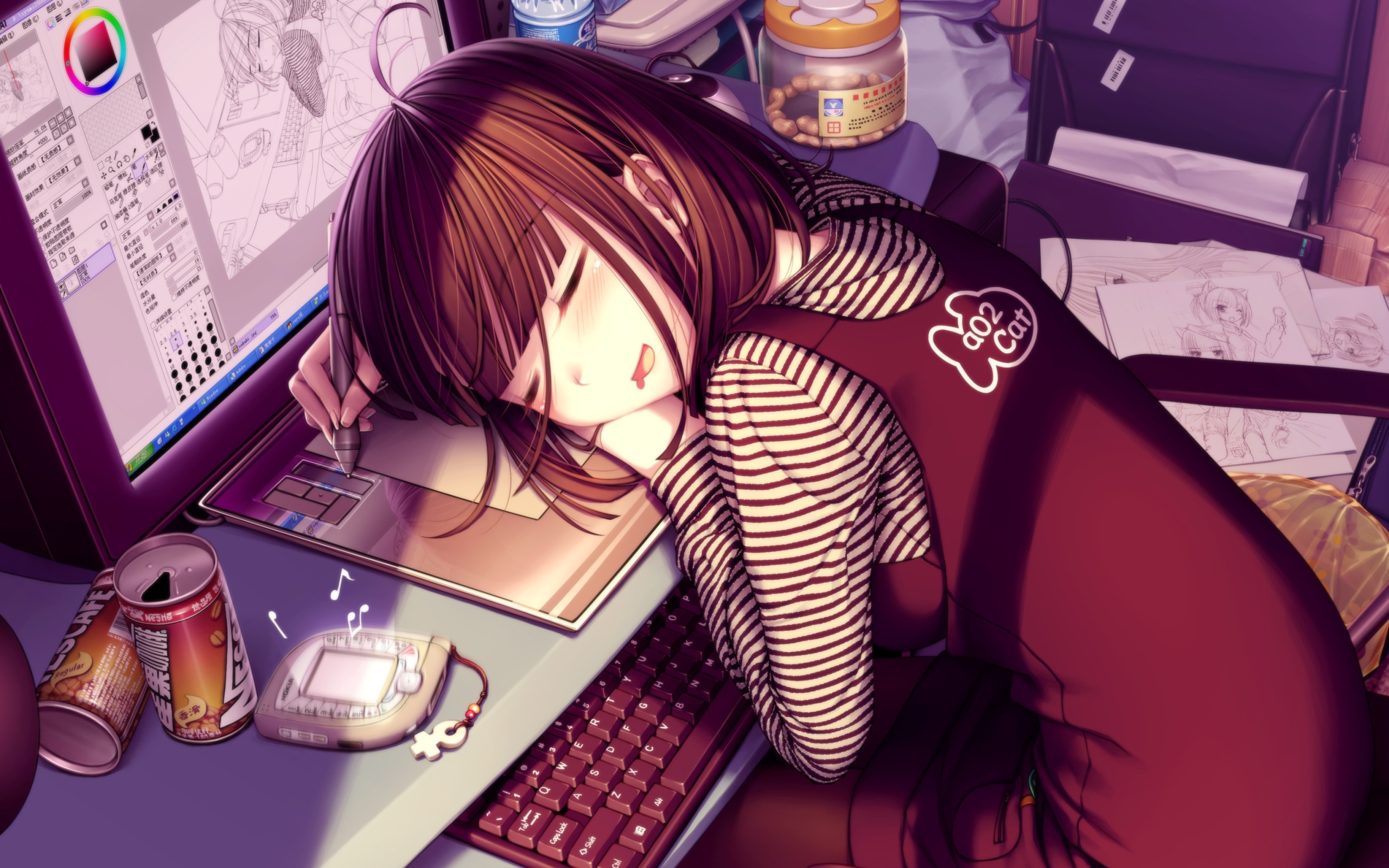 Girl Fallen Asleep During Digital Drawing wallpaper 2560x1600