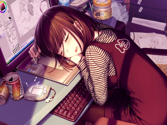 Das Girl Fallen Asleep During Digital Drawing Wallpaper 640x480