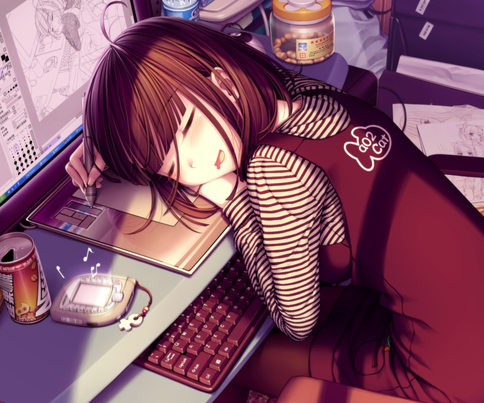 Girl Fallen Asleep During Digital Drawing wallpaper 960x800