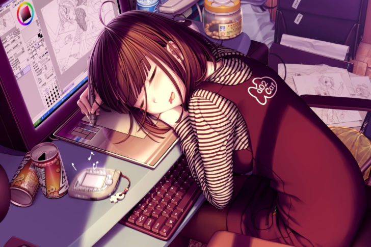 Das Girl Fallen Asleep During Digital Drawing Wallpaper