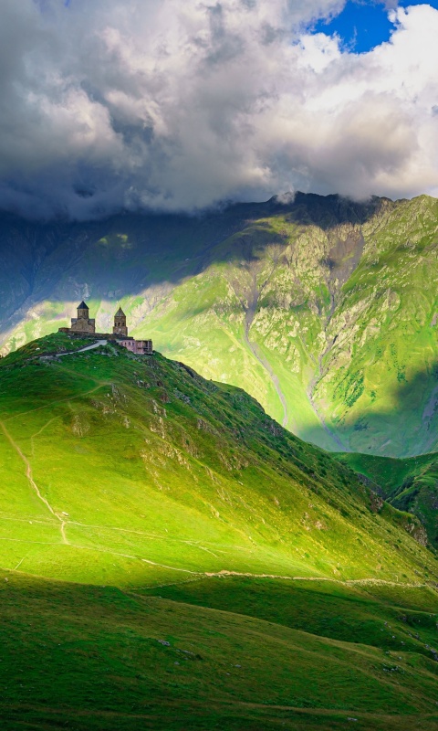 Sfondi Stepantsminda Georgia Gergeti Trinity Church 480x800