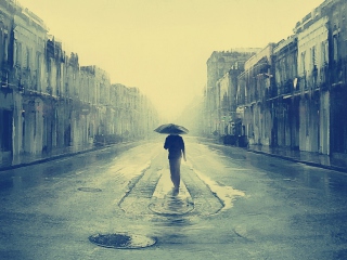 Fondo de pantalla Man Under Umbrella On Rainy Street 320x240