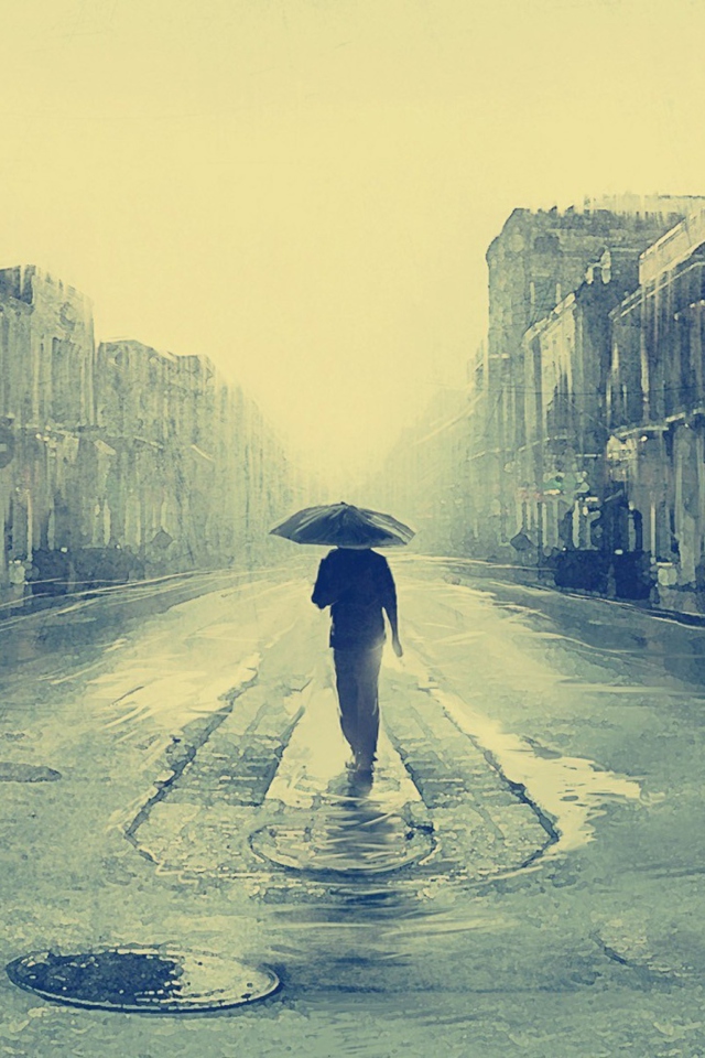 Das Man Under Umbrella On Rainy Street Wallpaper 640x960