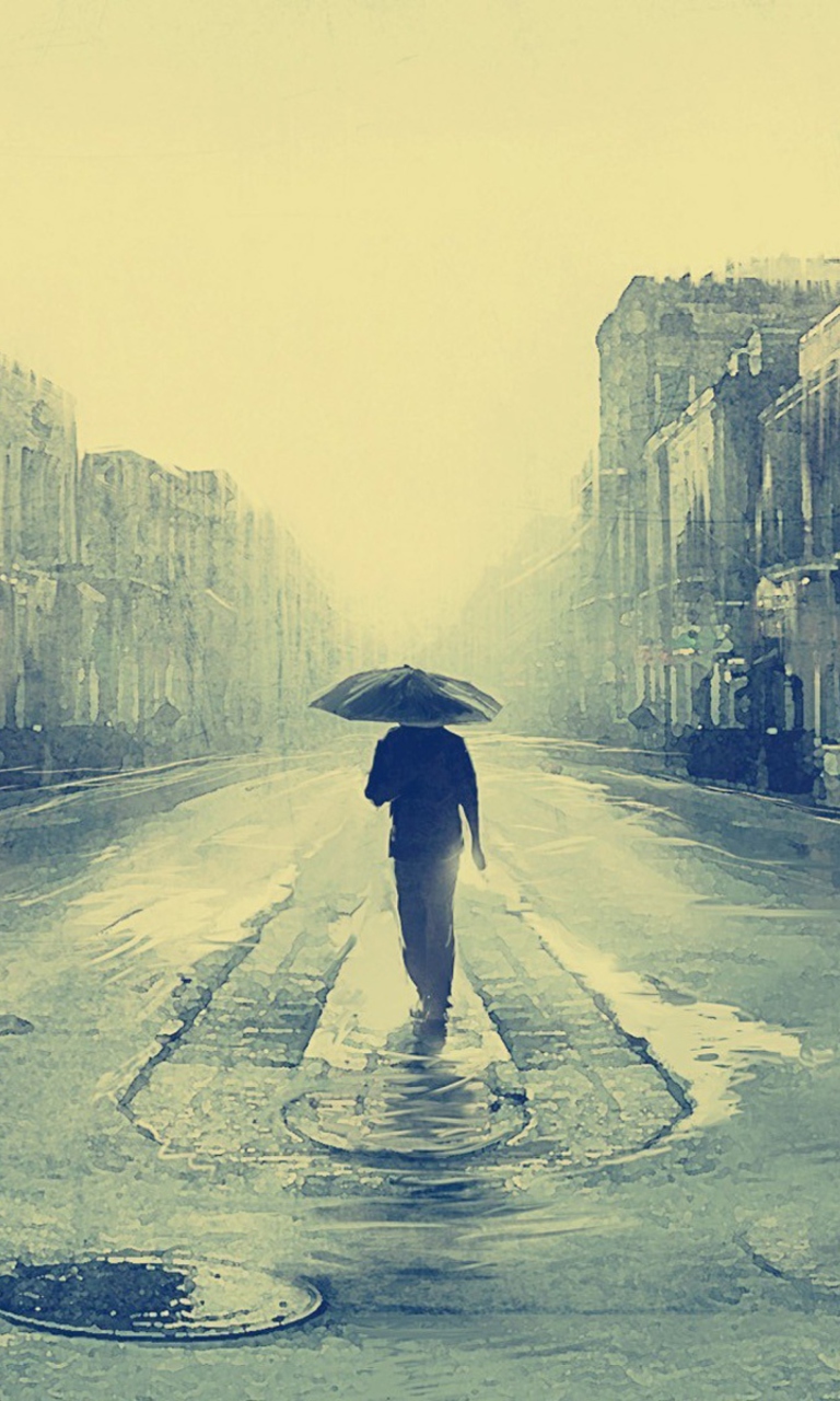 Das Man Under Umbrella On Rainy Street Wallpaper 768x1280