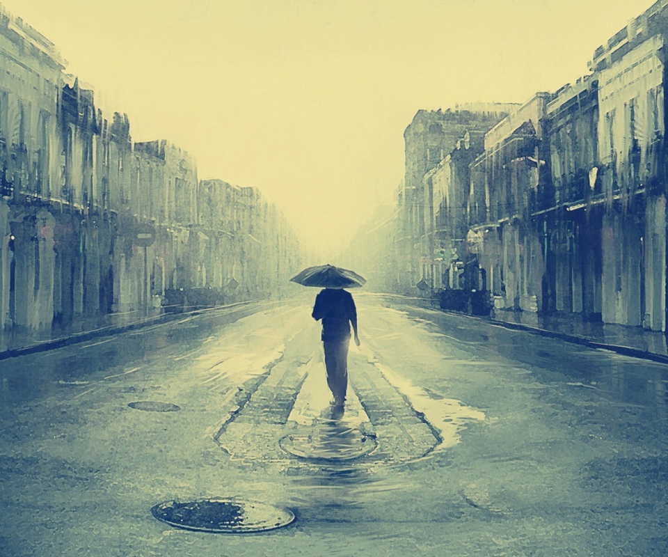 Обои Man Under Umbrella On Rainy Street 960x800