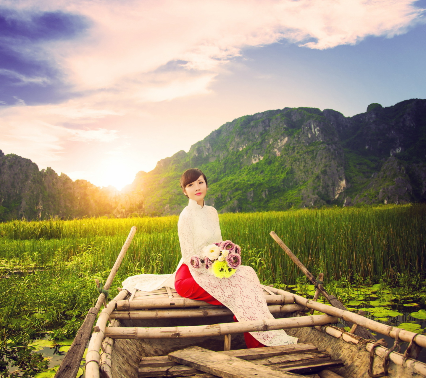 Beautiful Asian Girl With Flowers Bouquet Sitting In Boat wallpaper 1440x1280