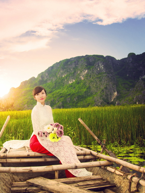 Beautiful Asian Girl With Flowers Bouquet Sitting In Boat wallpaper 480x640