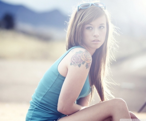 Beautiful Girl With Long Blonde Hair And Rose Tattoo wallpaper 480x400