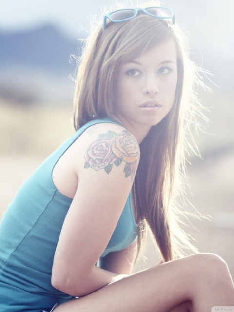 Beautiful Girl With Long Blonde Hair And Rose Tattoo wallpaper 480x640