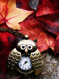 Обои Retro Owl Watch And Autumn Leaves 240x320
