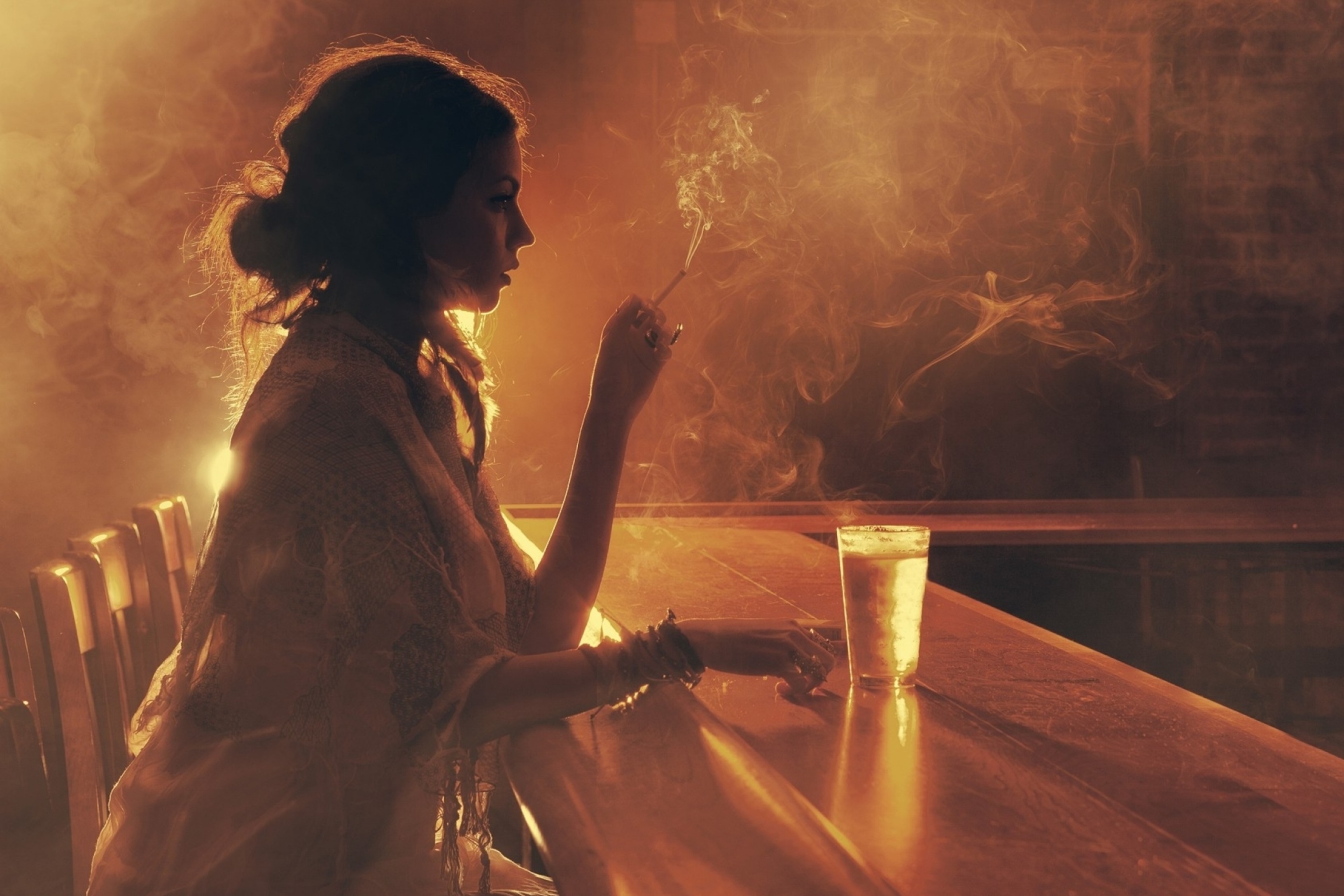 Sad girl with cigarette in bar wallpaper 2880x1920