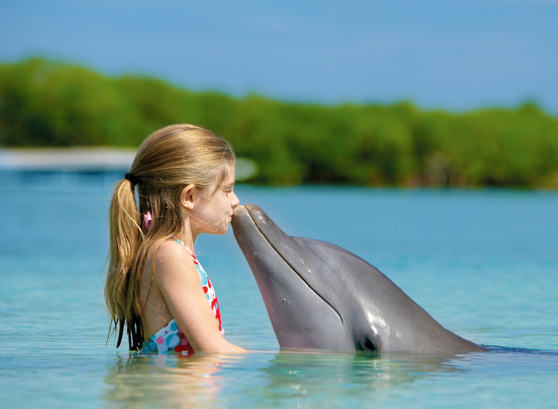 Fondo de pantalla Girl and dolphin kiss 1920x1408