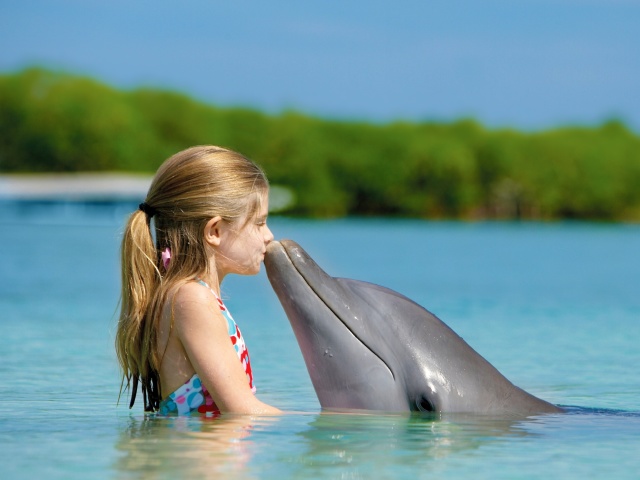 Girl and dolphin kiss wallpaper 640x480