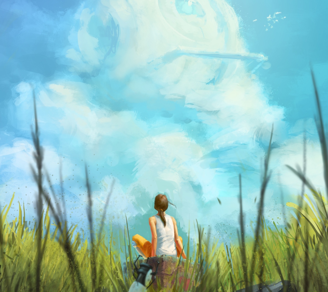 Painting Of Girl, Green Field And Blue Sky wallpaper 1080x960