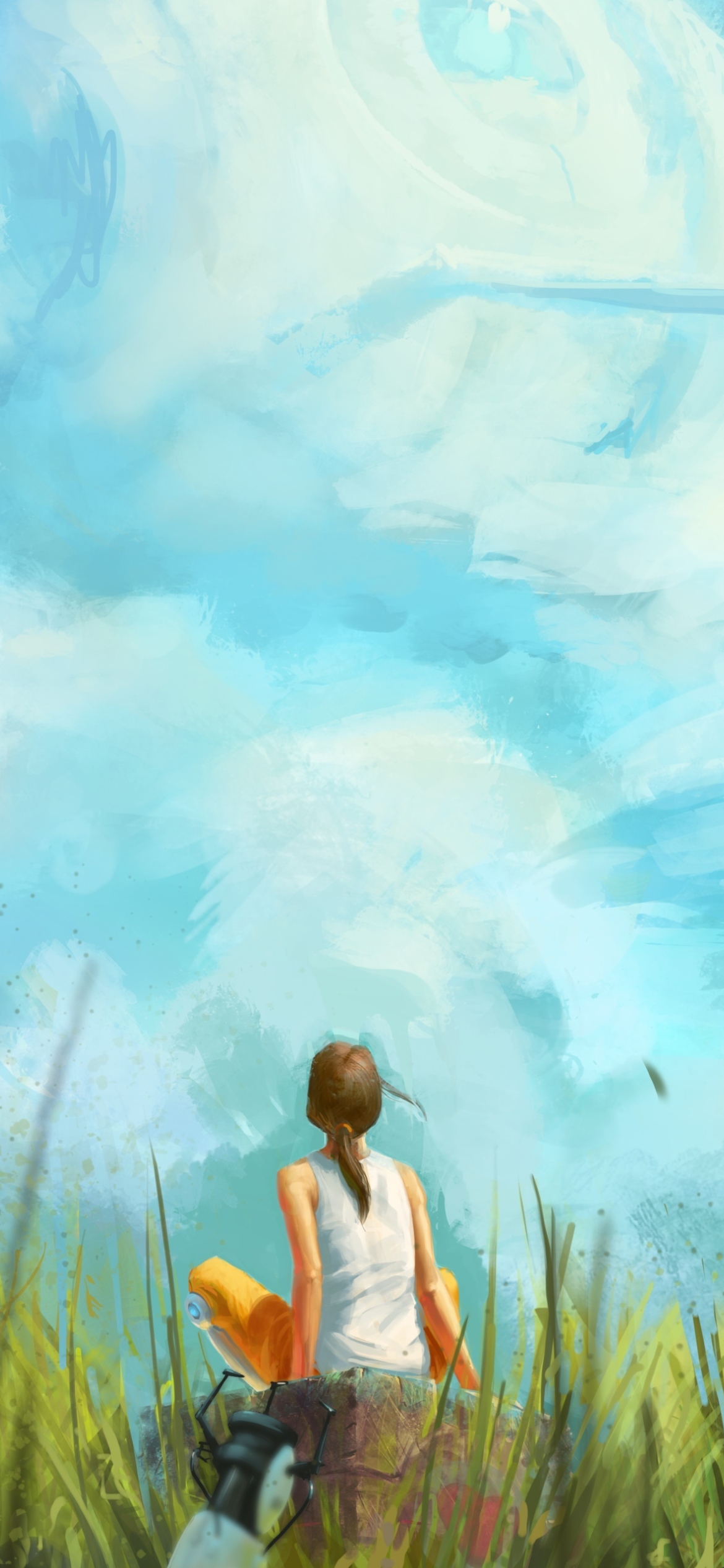 Painting Of Girl, Green Field And Blue Sky wallpaper 1170x2532