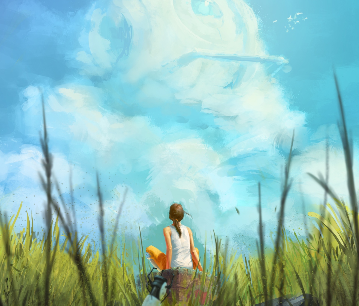 Painting Of Girl, Green Field And Blue Sky screenshot #1 1200x1024