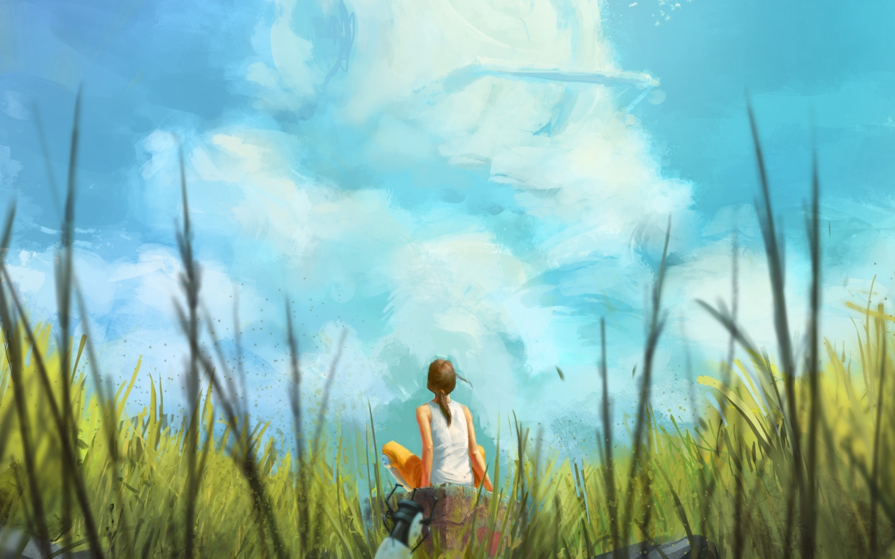 Обои Painting Of Girl, Green Field And Blue Sky 1280x800