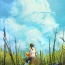 Das Painting Of Girl, Green Field And Blue Sky Wallpaper 128x128