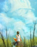 Painting Of Girl, Green Field And Blue Sky screenshot #1 128x160