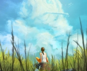 Painting Of Girl, Green Field And Blue Sky wallpaper 176x144