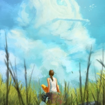 Painting Of Girl, Green Field And Blue Sky wallpaper 208x208