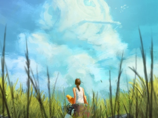 Das Painting Of Girl, Green Field And Blue Sky Wallpaper 320x240
