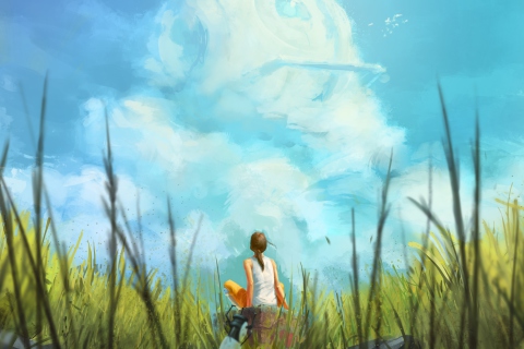 Painting Of Girl, Green Field And Blue Sky wallpaper 480x320