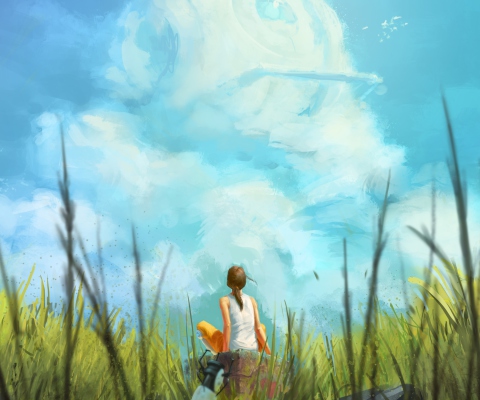 Fondo de pantalla Painting Of Girl, Green Field And Blue Sky 480x400