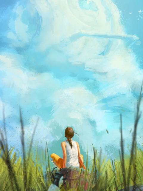 Sfondi Painting Of Girl, Green Field And Blue Sky 480x640