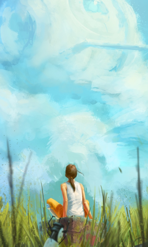 Обои Painting Of Girl, Green Field And Blue Sky 480x800
