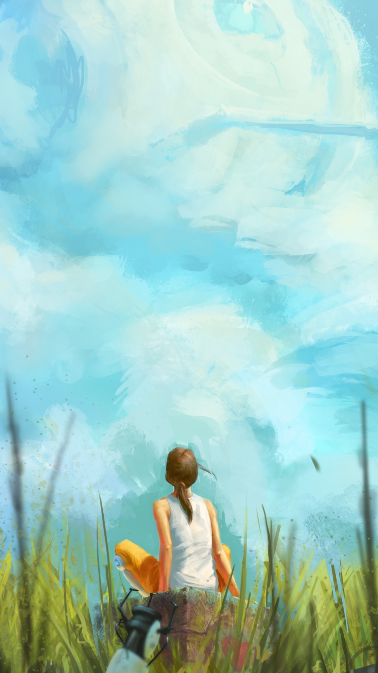 Обои Painting Of Girl, Green Field And Blue Sky 750x1334