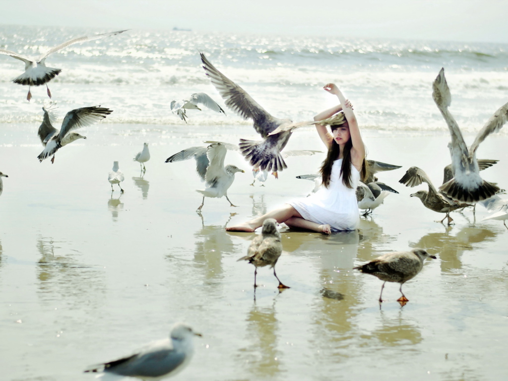 Fondo de pantalla Girl And Seagulls On Beach 1024x768