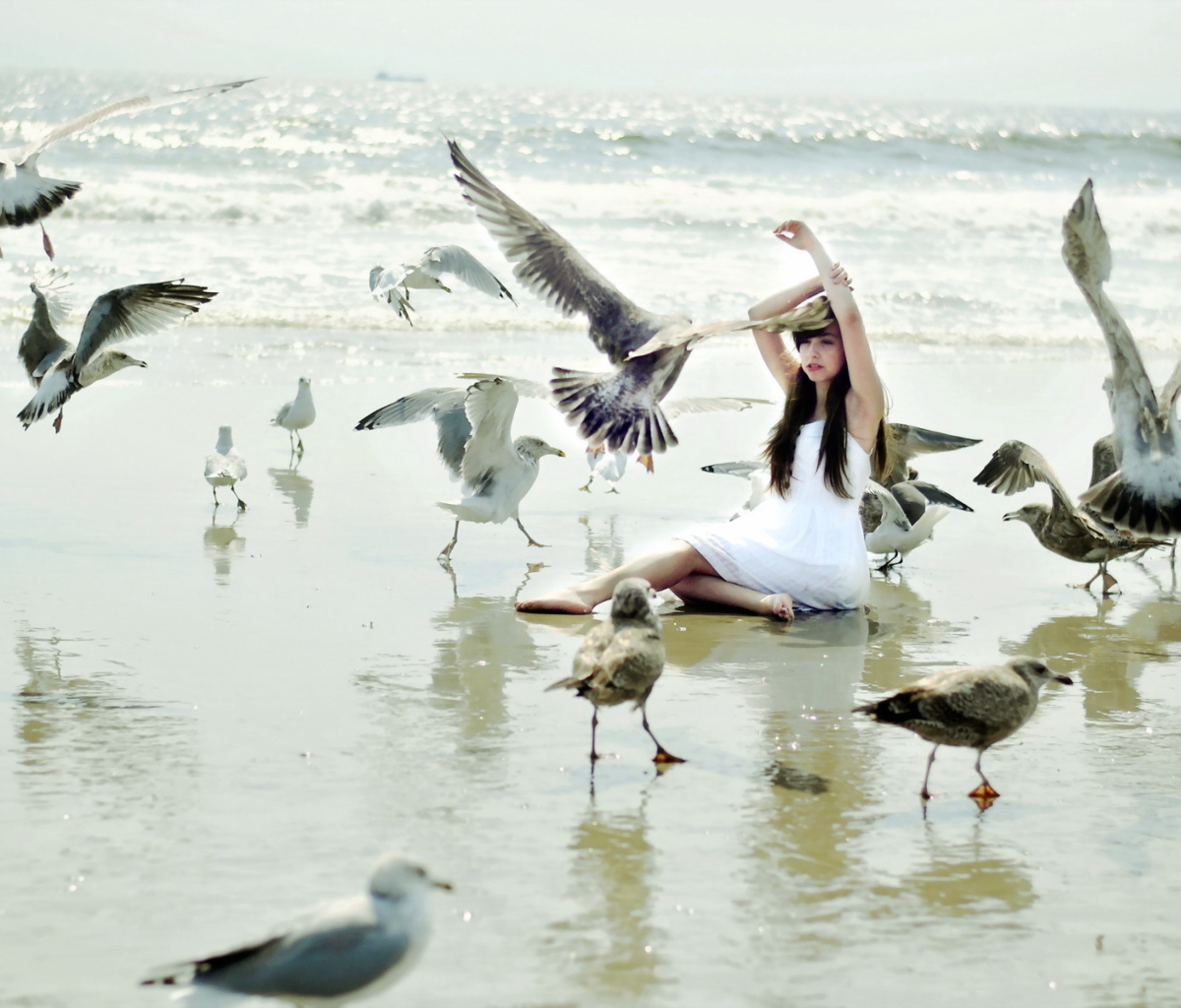 Fondo de pantalla Girl And Seagulls On Beach 1200x1024