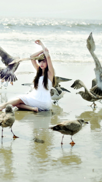 Das Girl And Seagulls On Beach Wallpaper 360x640
