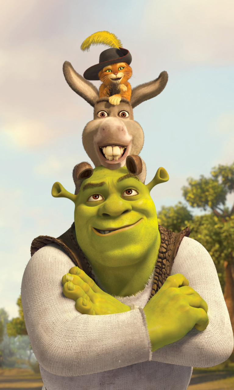 Обои Shrek Donkey Puss In Boots 768x1280