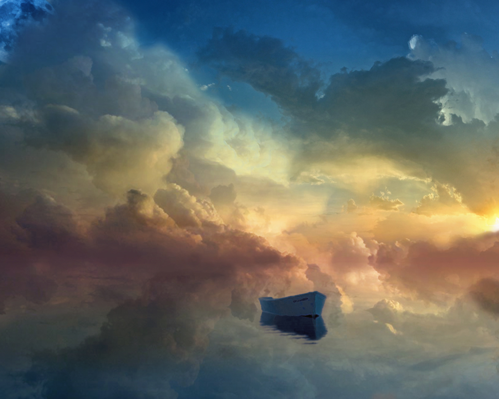 Boat In Sky Ocean Painting wallpaper 1600x1280