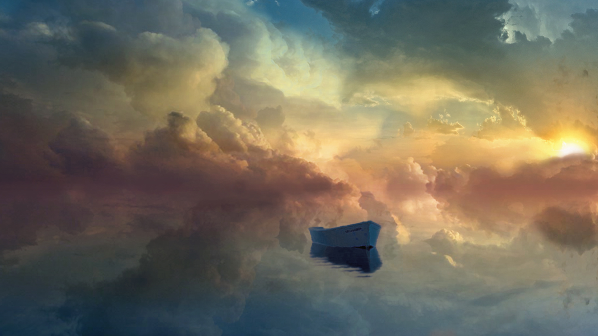 Обои Boat In Sky Ocean Painting 1920x1080
