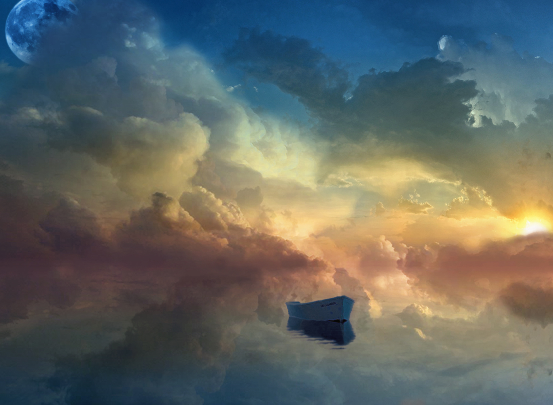 Обои Boat In Sky Ocean Painting 1920x1408