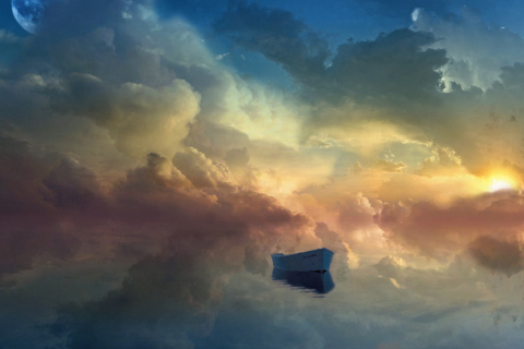 Boat In Sky Ocean Painting wallpaper 480x320