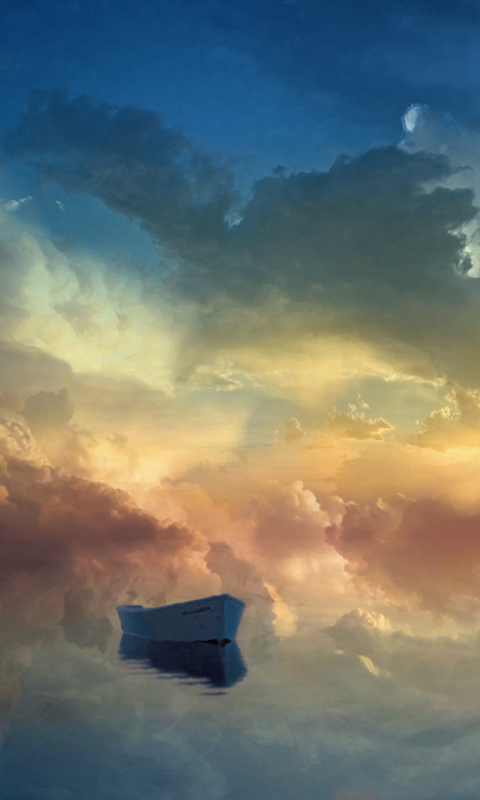 Das Boat In Sky Ocean Painting Wallpaper 480x800