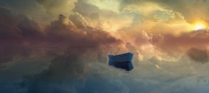 Boat In Sky Ocean Painting wallpaper 720x320