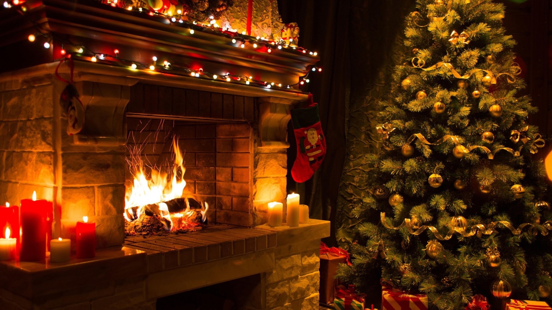 Das Christmas Tree Fireplace Wallpaper 1920x1080