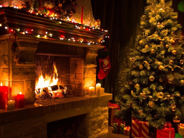 Das Christmas Tree Fireplace Wallpaper 640x480