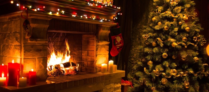Fondo de pantalla Christmas Tree Fireplace 720x320