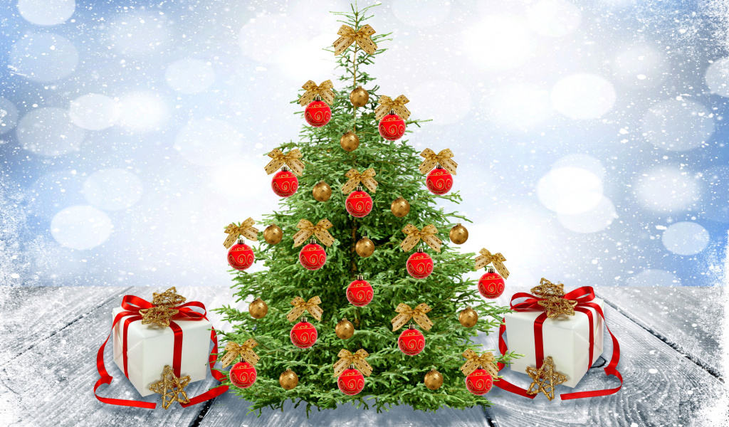 Das New Year Tree with Snow Wallpaper 1024x600