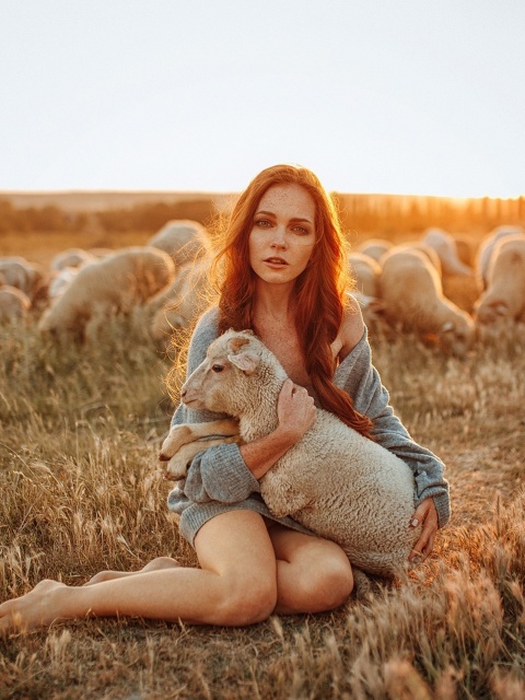 Обои Girl with Sheep 480x640