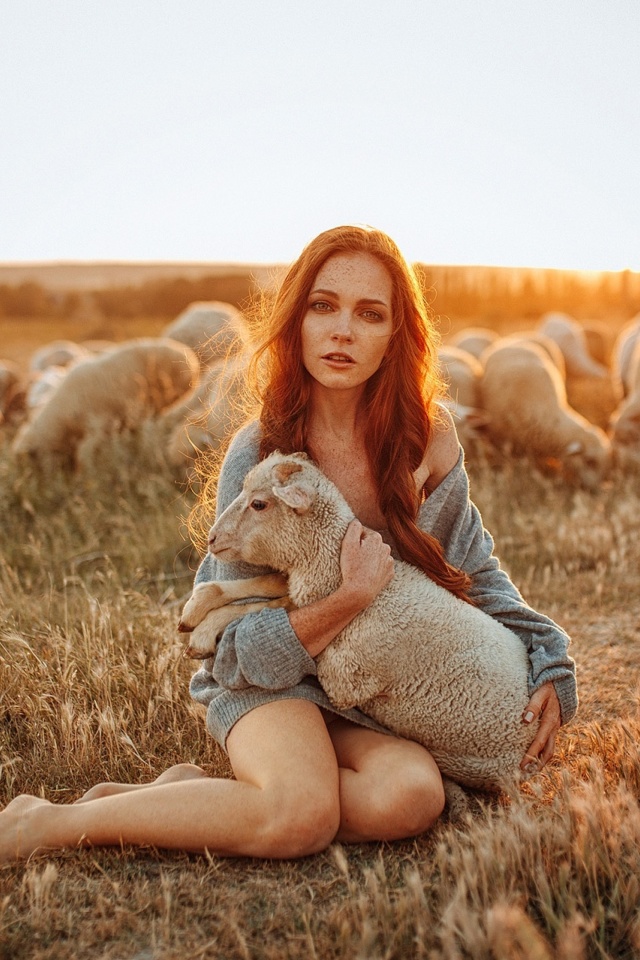 Girl with Sheep wallpaper 640x960